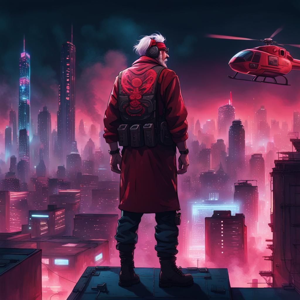 Cyberpunk Elder Observes Neon Cityscape at Night