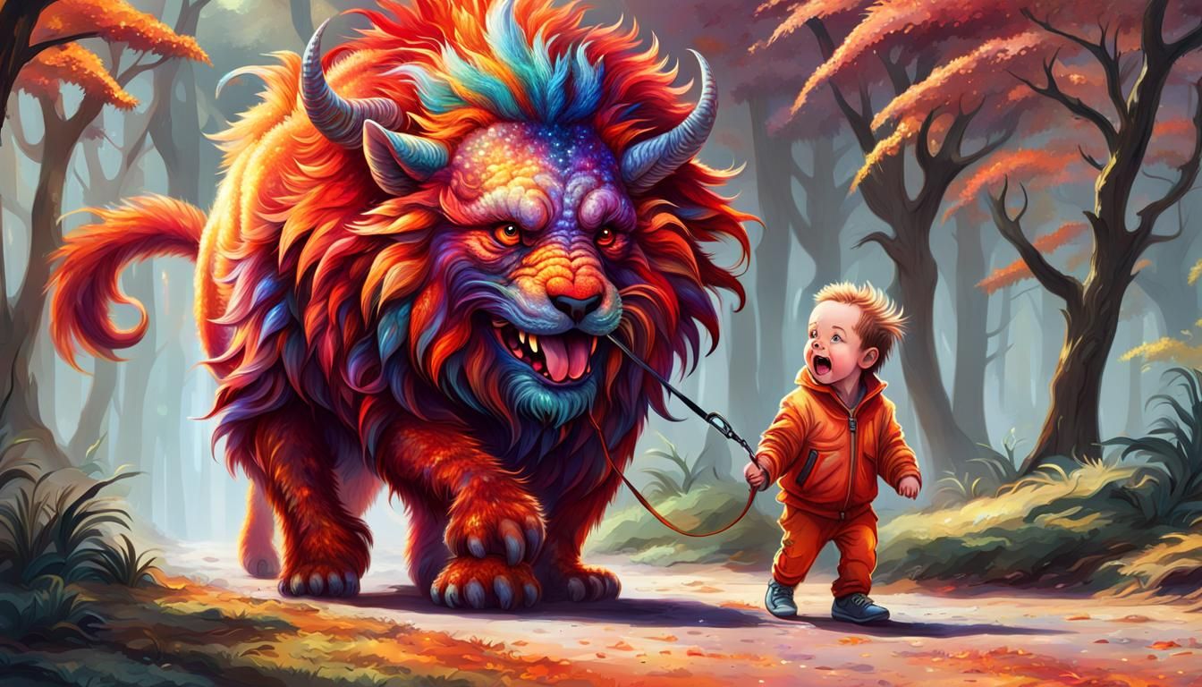 Iridescent Mythical Pet Walked by Toddler