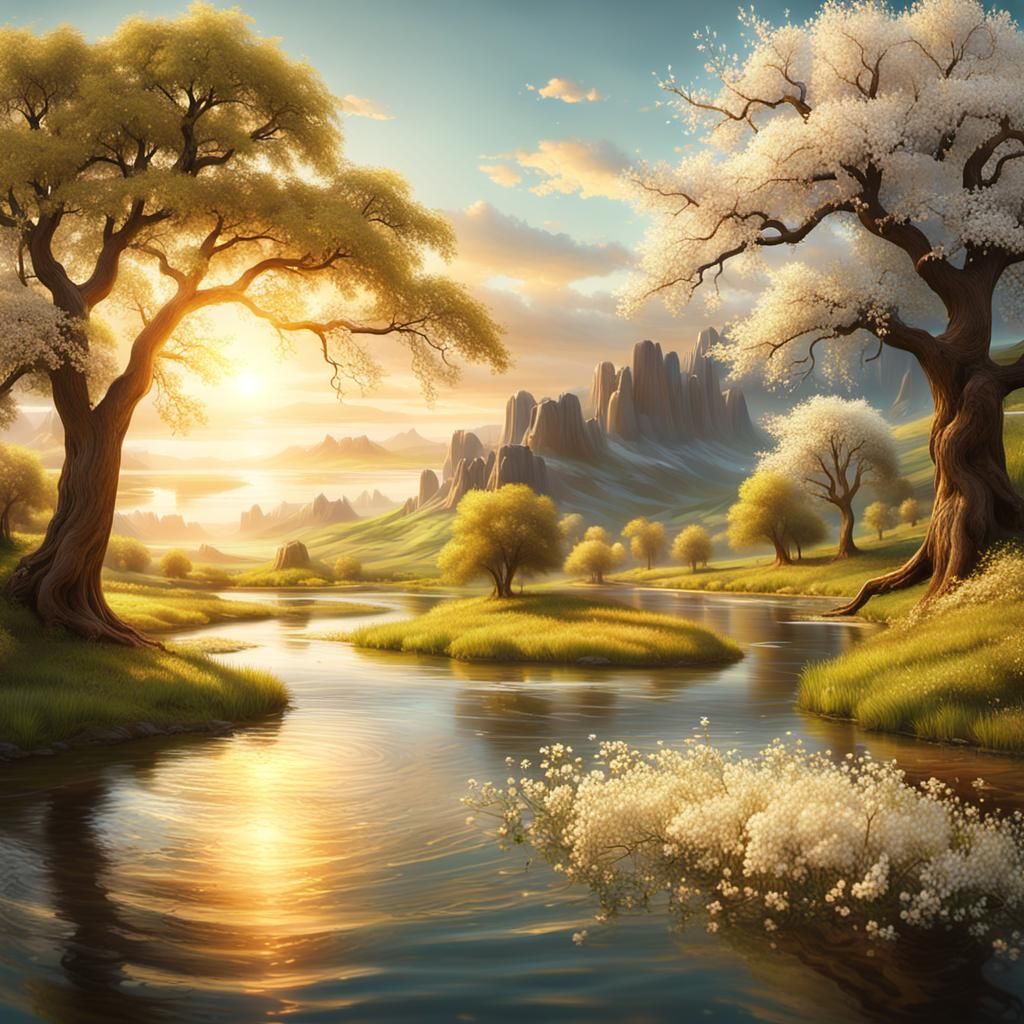 River and Blossoms Landscape in Golden Light