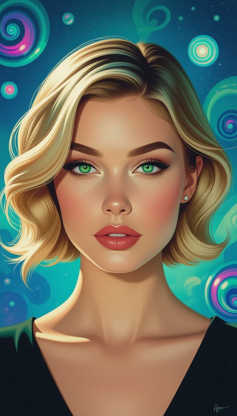 Woman with Emerald Eyes in Surreal Dreamscape