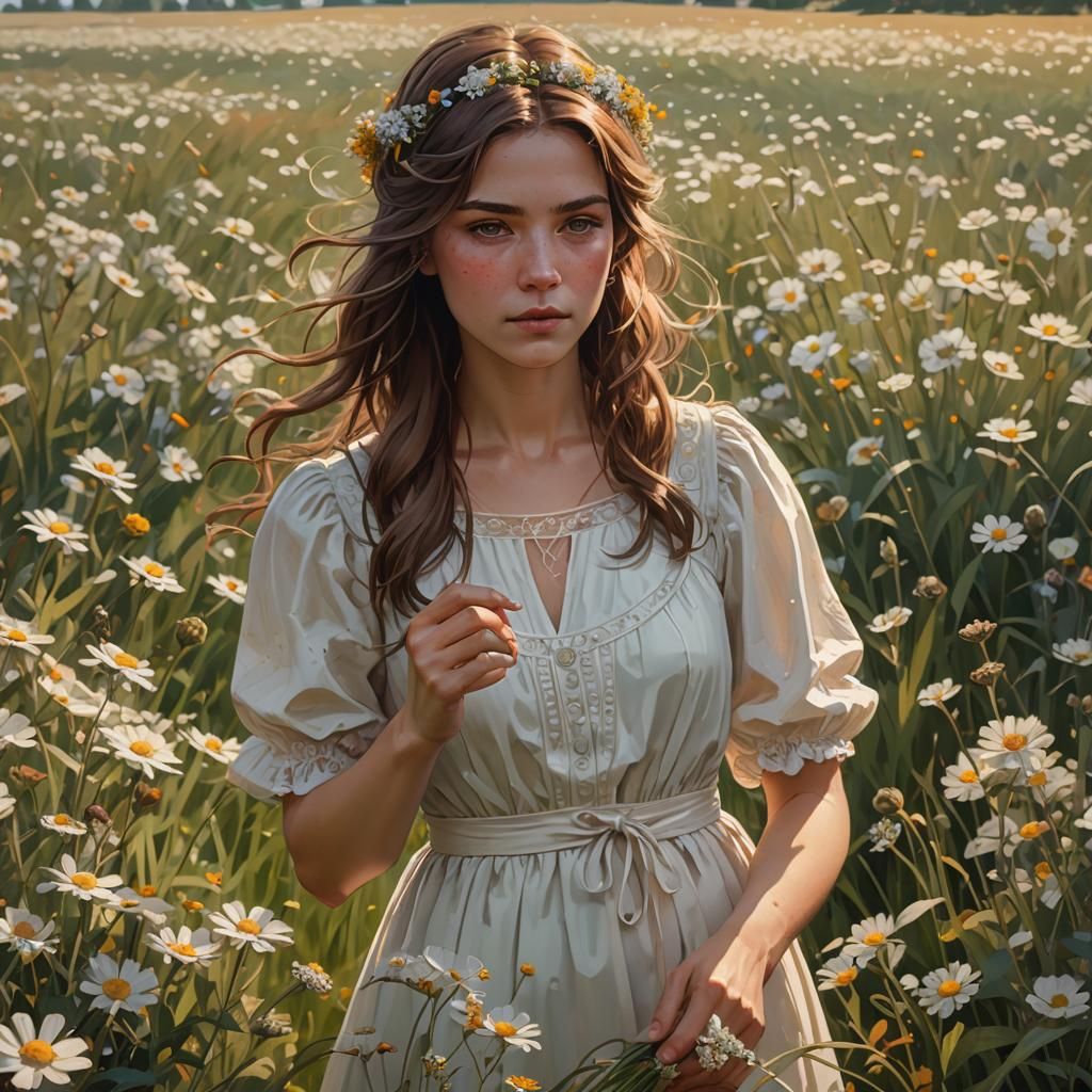 Woman Picking Flowers: Hyperdetailed Digital Portrait