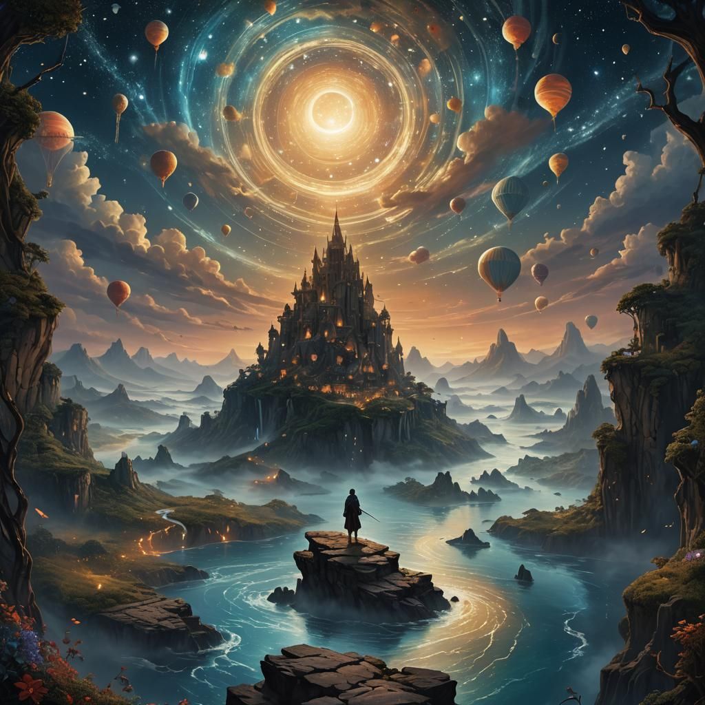 Wanderer on Floating Islands in Twilight: Fantasy Concept Ar...