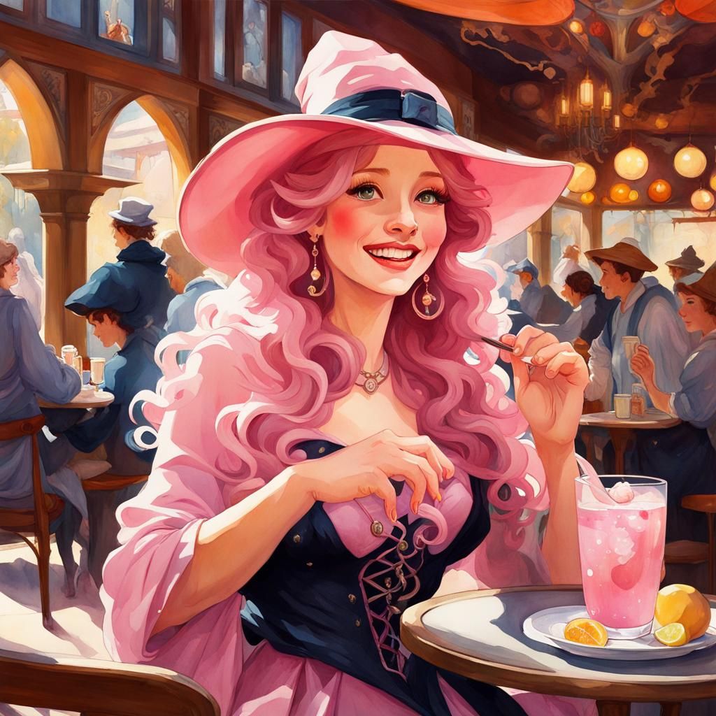 Pink Witch at Cafe: Alphonse Mucha Style