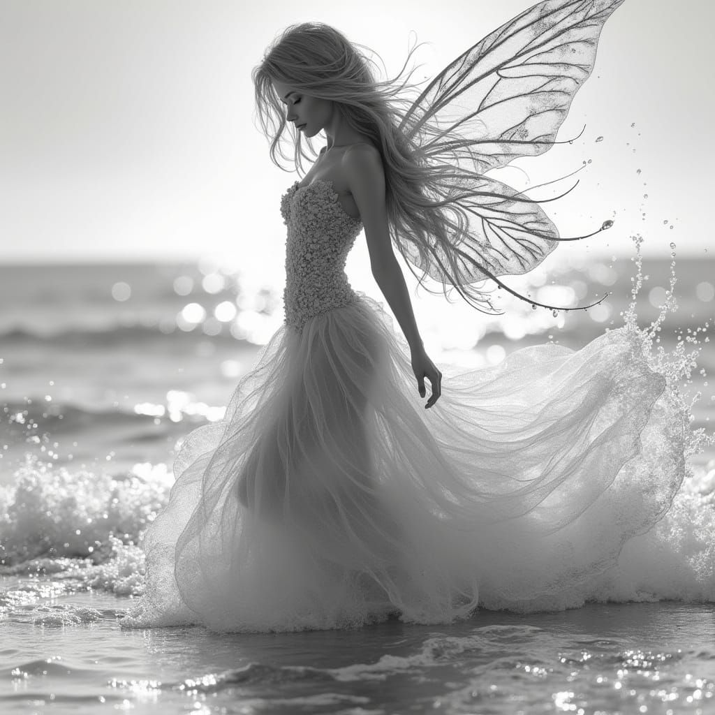 Airbrushed Wave Fairy on the Beach in Black and White