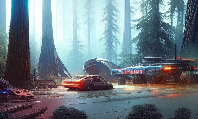 Cyberpunk Vacation Amongst Redwood Remains in 8k