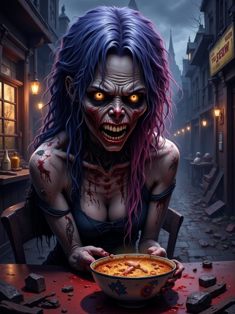 Zombie Eating Stew in Ruined Restaurant