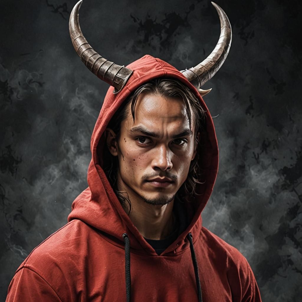 Man with Horns and Metal Tail in Red Hoodie