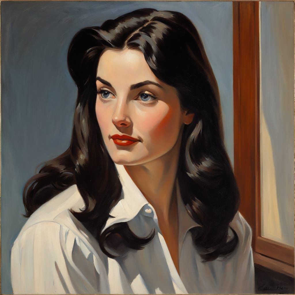 Elegant Woman Portrait in Hopper Style Oil Painting