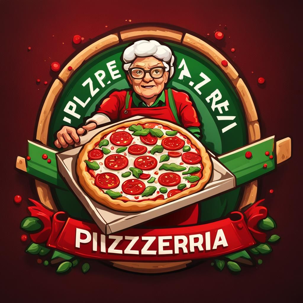 8-Bit Pizzeria Delivery Logo with Grandmother