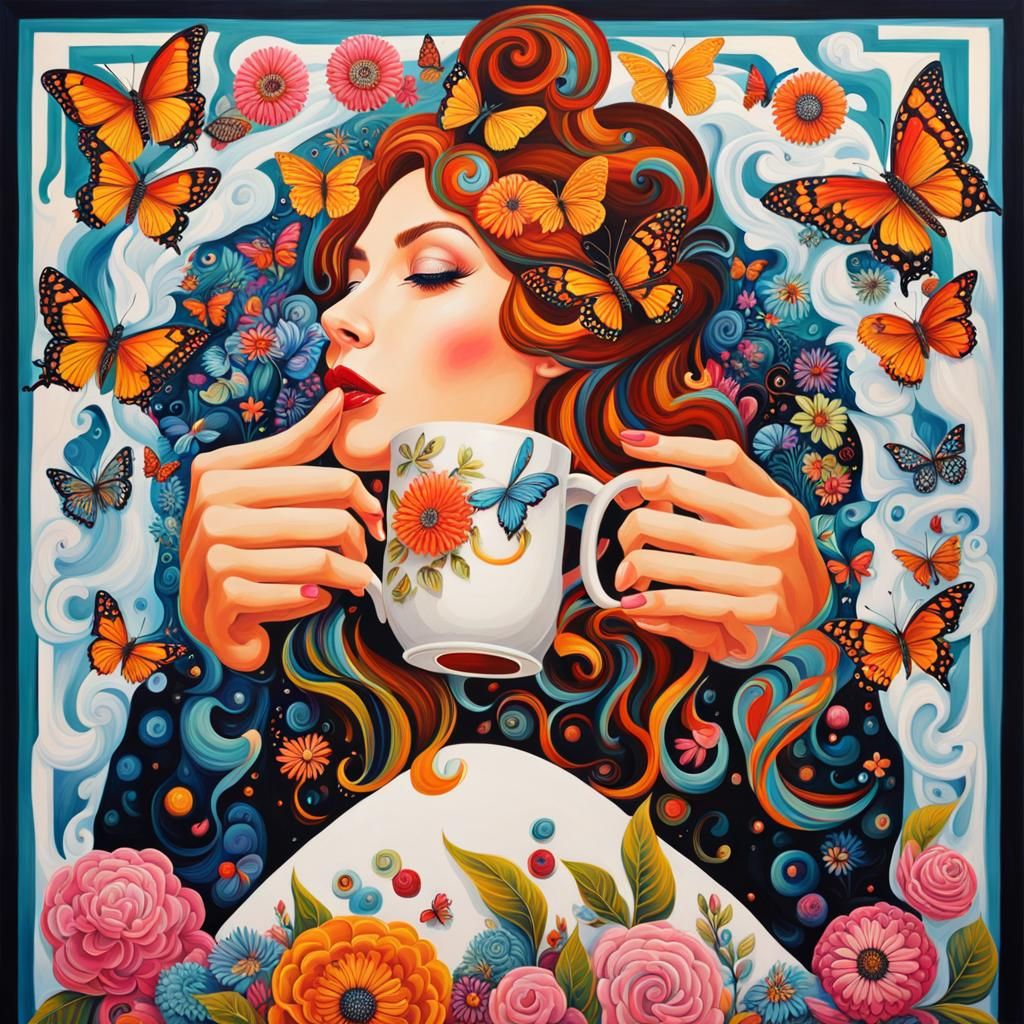 Maximalist Painting of Woman with Coffee and Butterflies