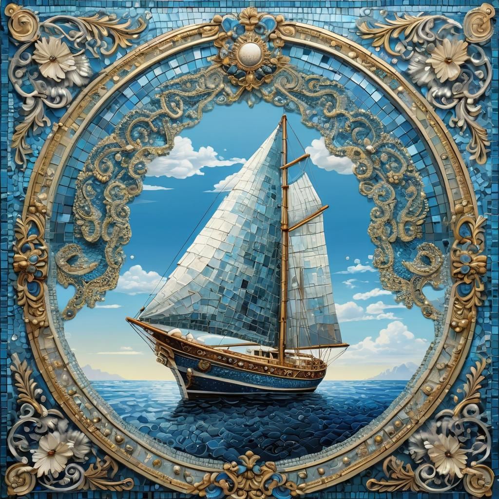 Yacht on Calm Sea in Glass Mosaic Style