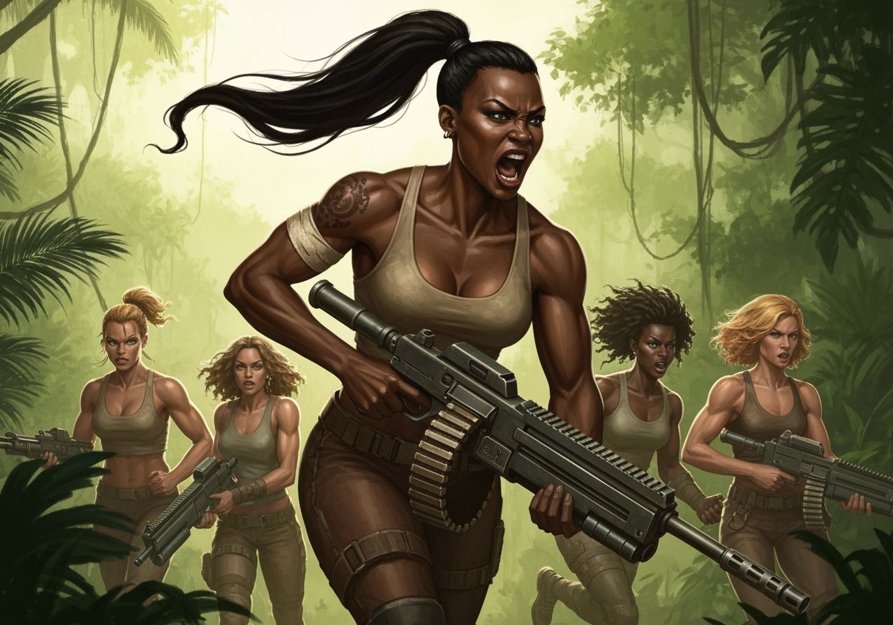 Muscular Women Warriors Charge Through Jungle with Futuristi...