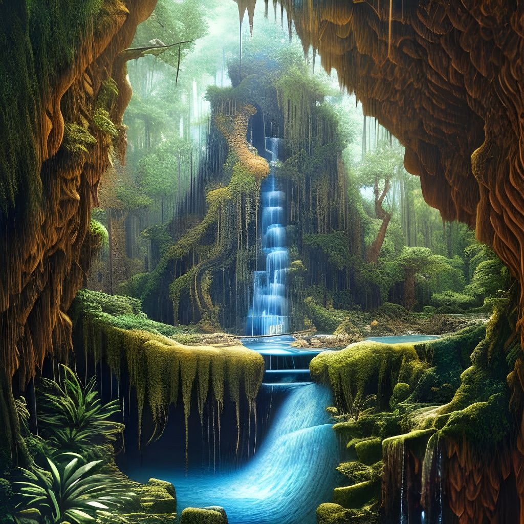 Detailed Woodcarving of a Sinister Waterfall