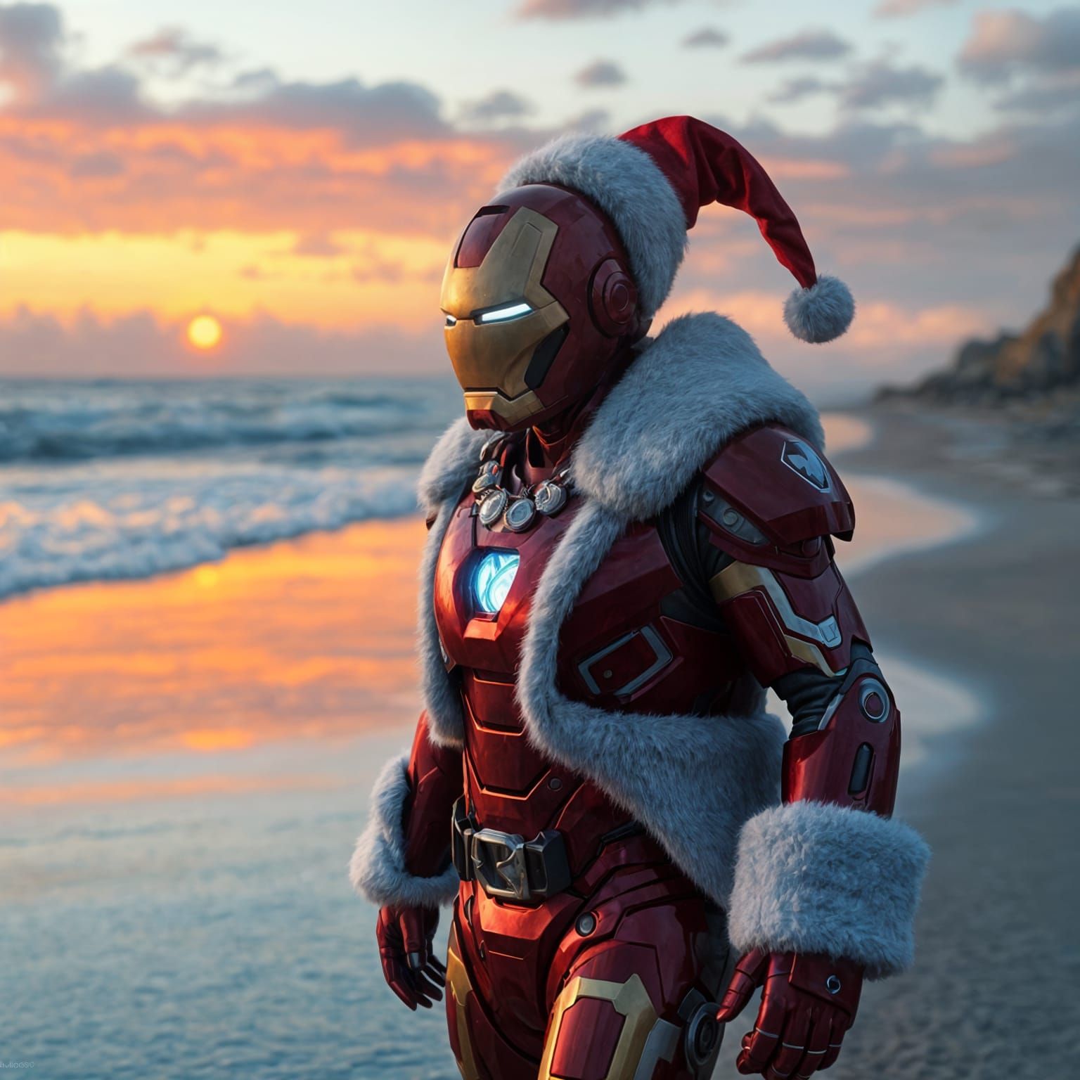 Ironman in Santa Claus Attire on a Tropical Beach