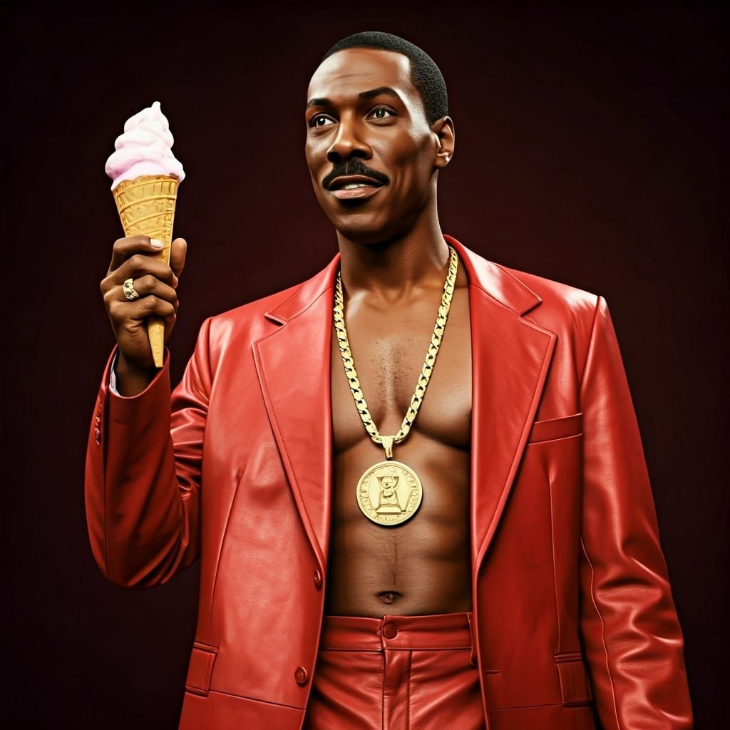Cinematic Eddie Murphy in Red Leather Suit