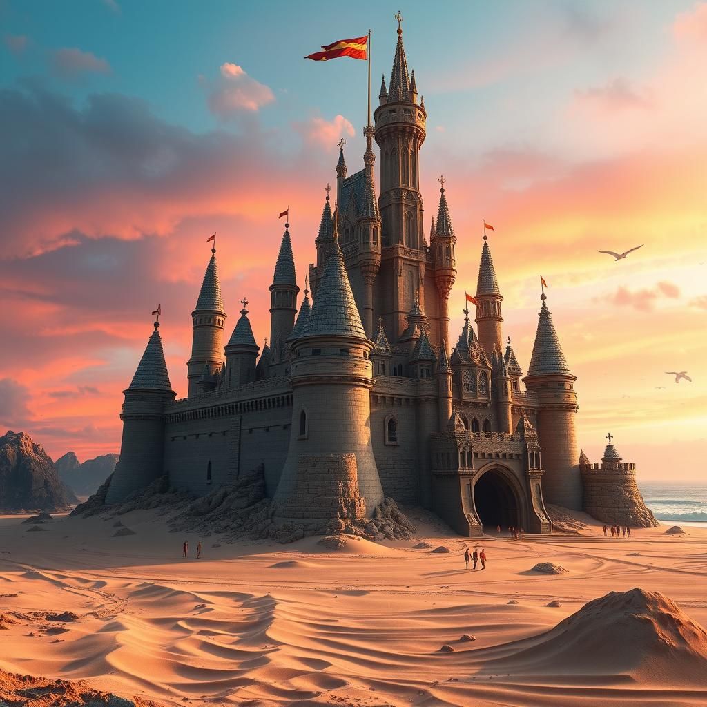 Majestic Sandcastle Kingdom at Sunset