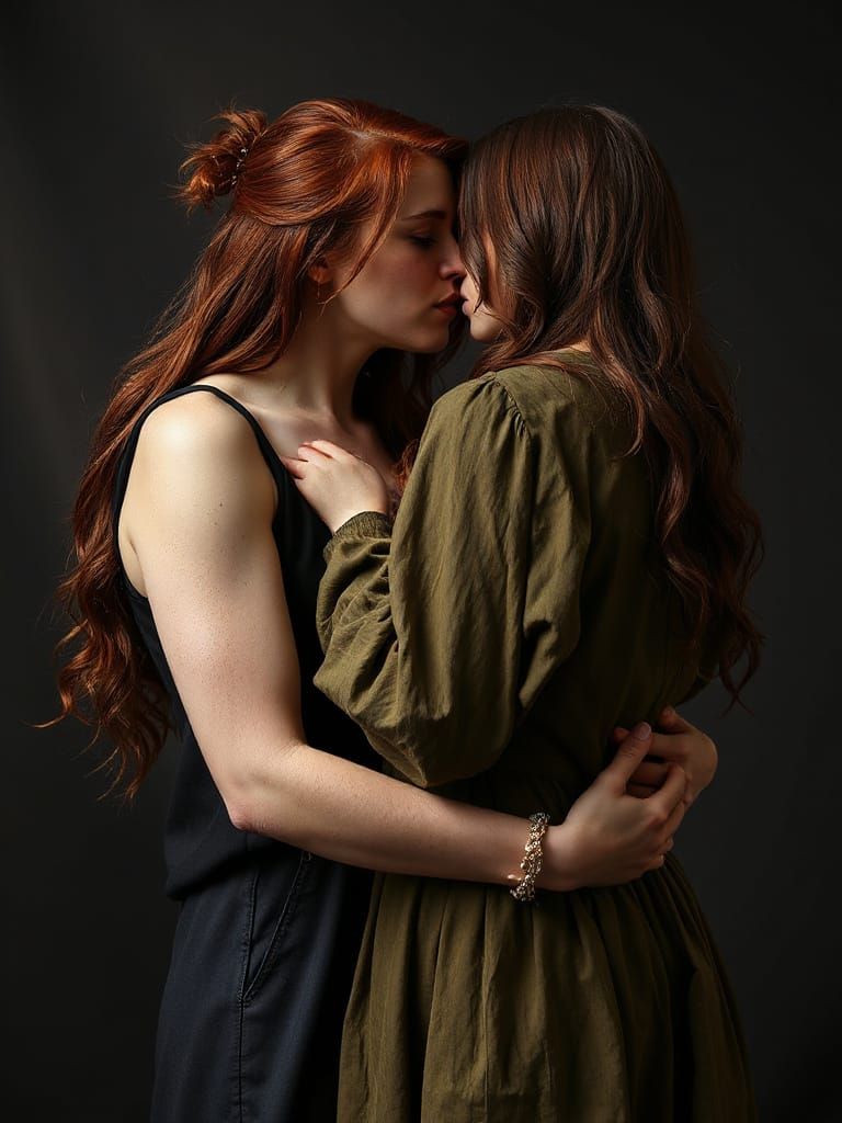 Passionate Kiss Between Two Women in Vintage Attire