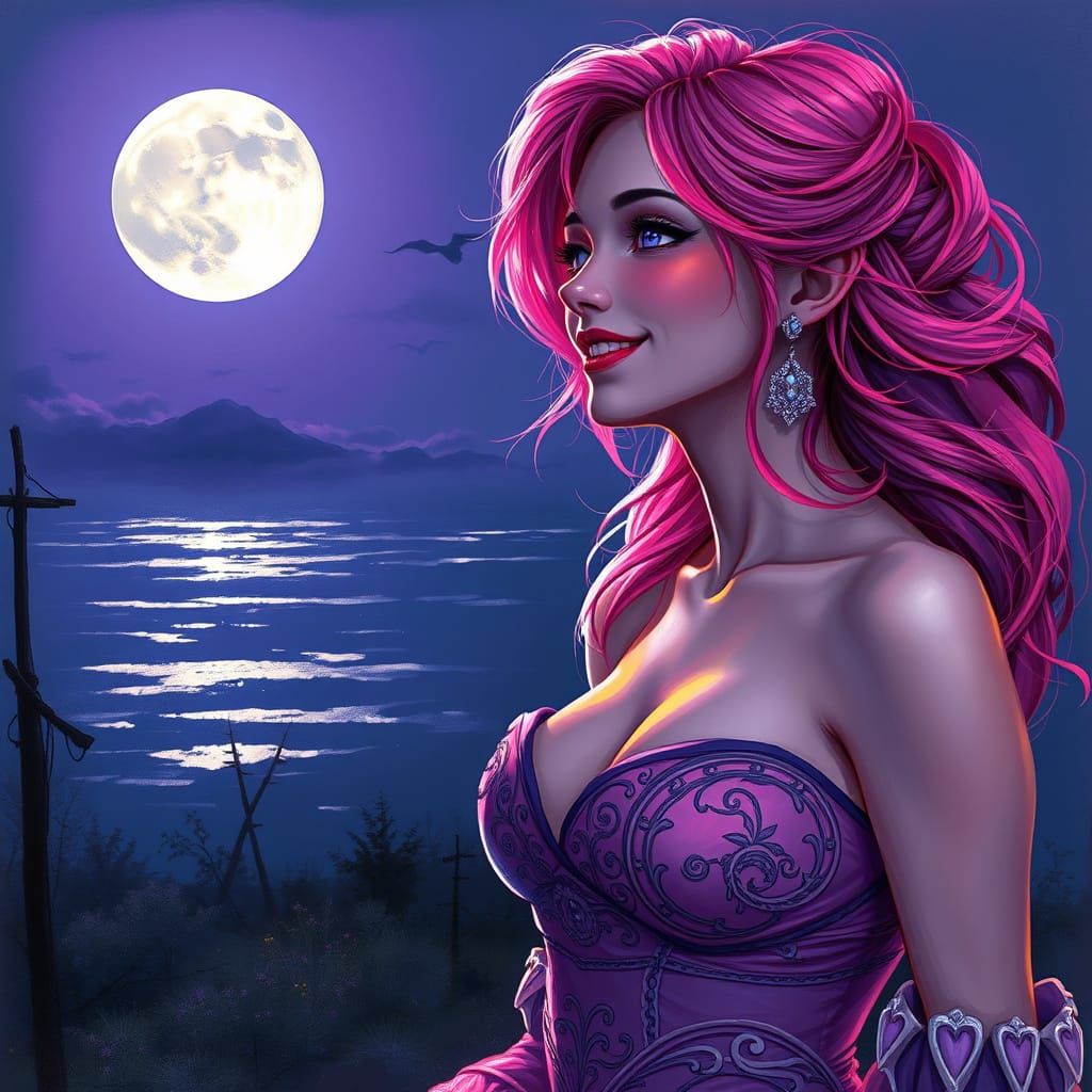 Pink Haired Woman in Gown Watches Moon in Alcohol Ink Style