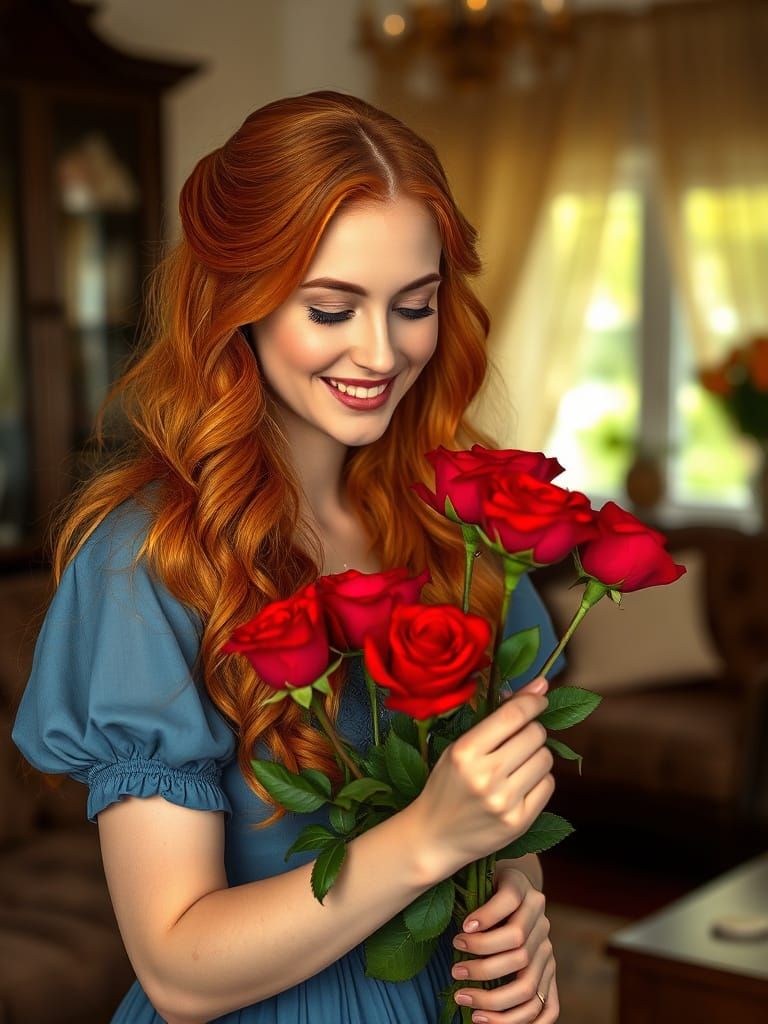 Romantic Young Woman Smiles Among Red Roses in a Victorian L...