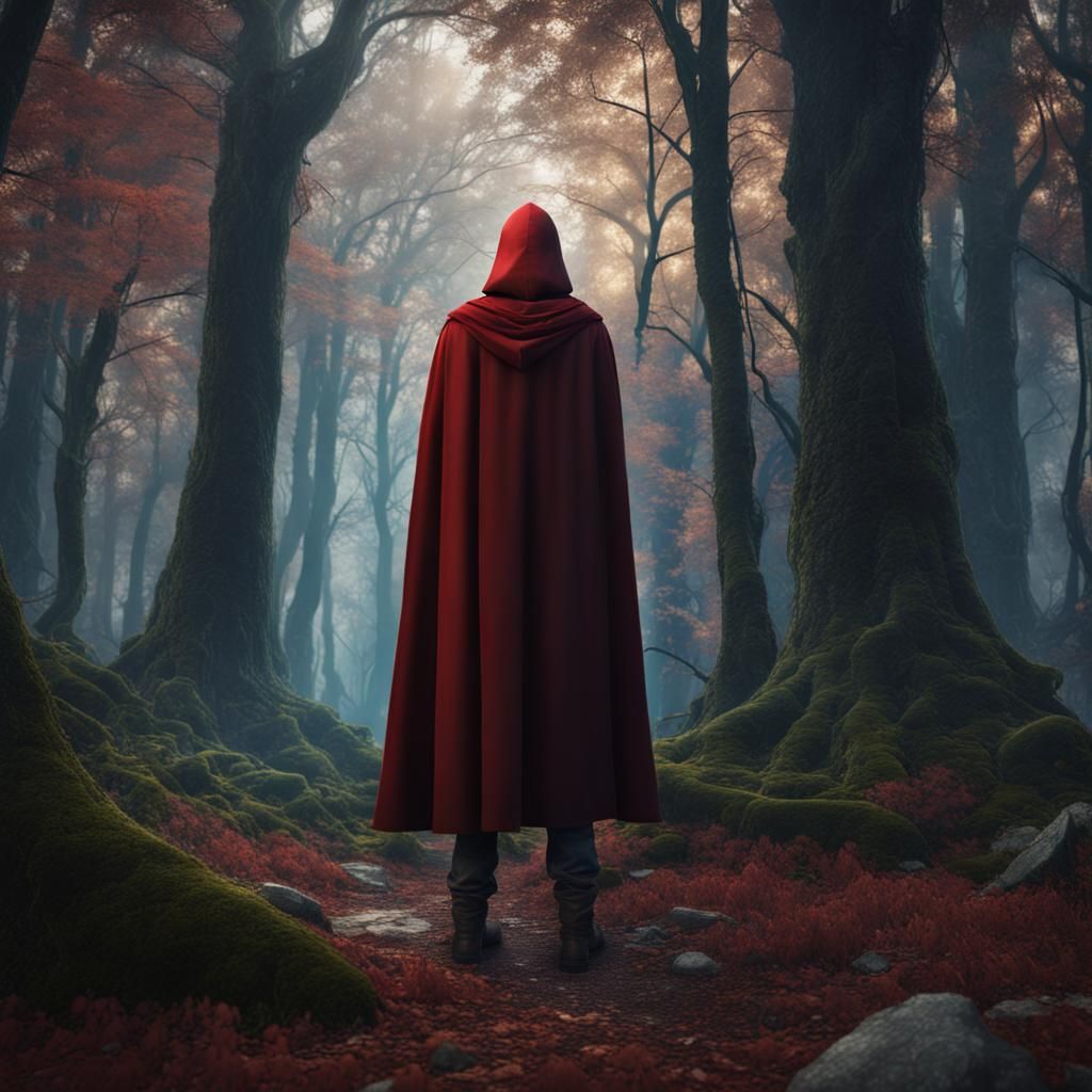 Medieval Man in Red Cape Amidst Forest