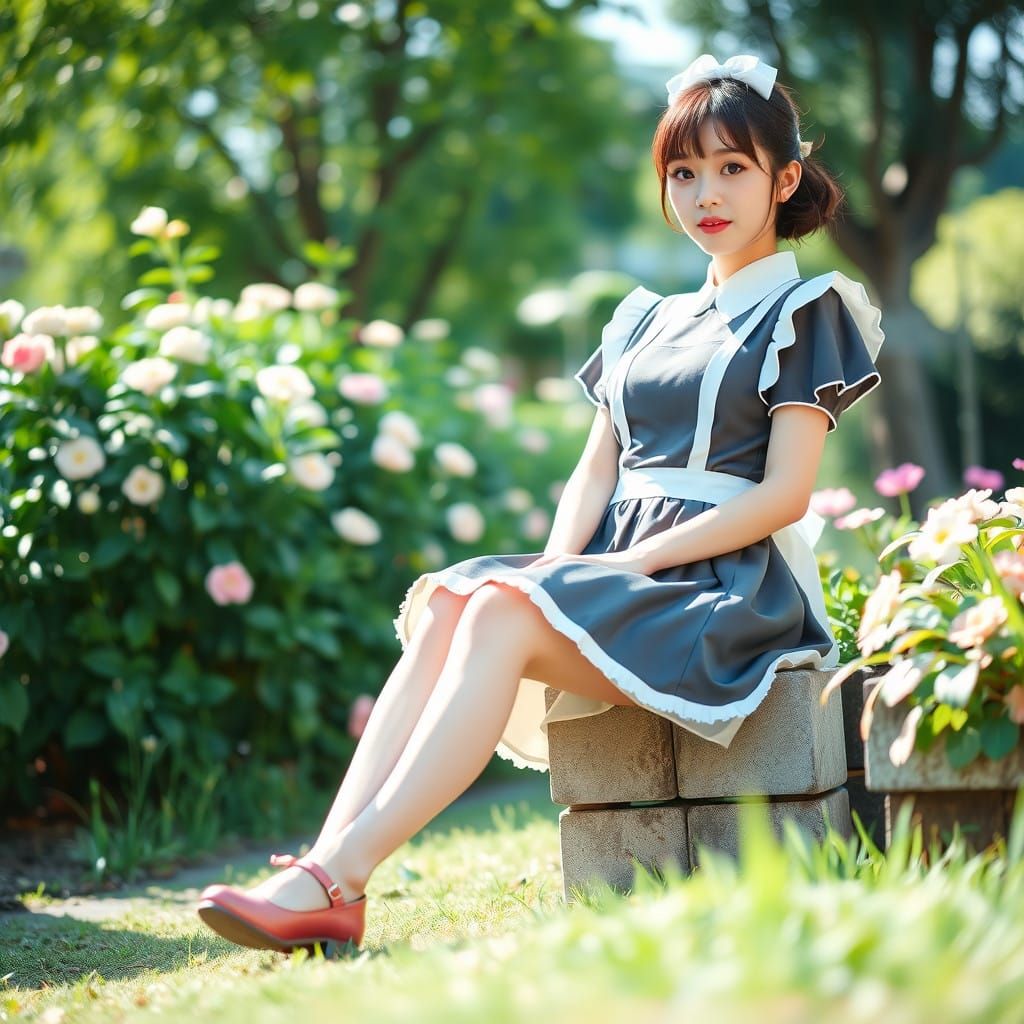 Japanese Maid Girl Poses in Garden