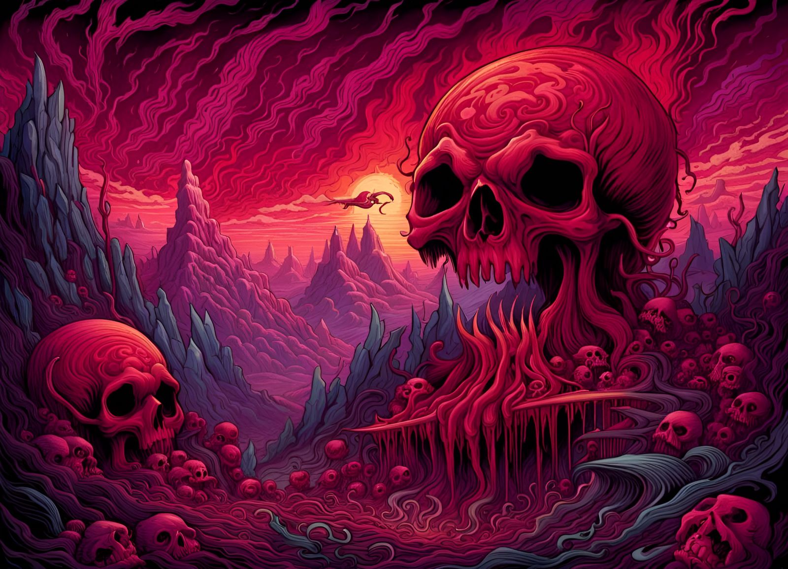 Horrifying Hellscape with Skull Mountain in Flames