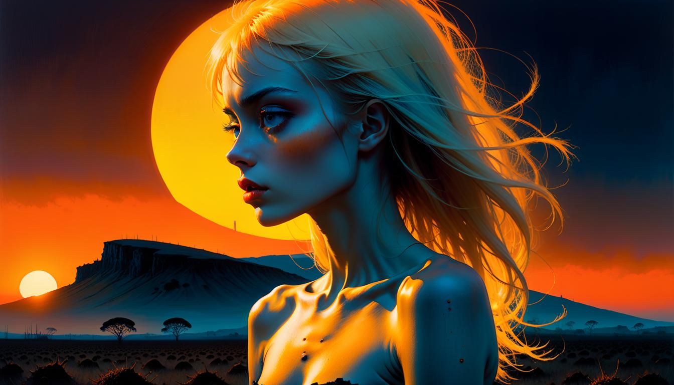 Slender Woman at Sunset in Surreal Cartoon Style
