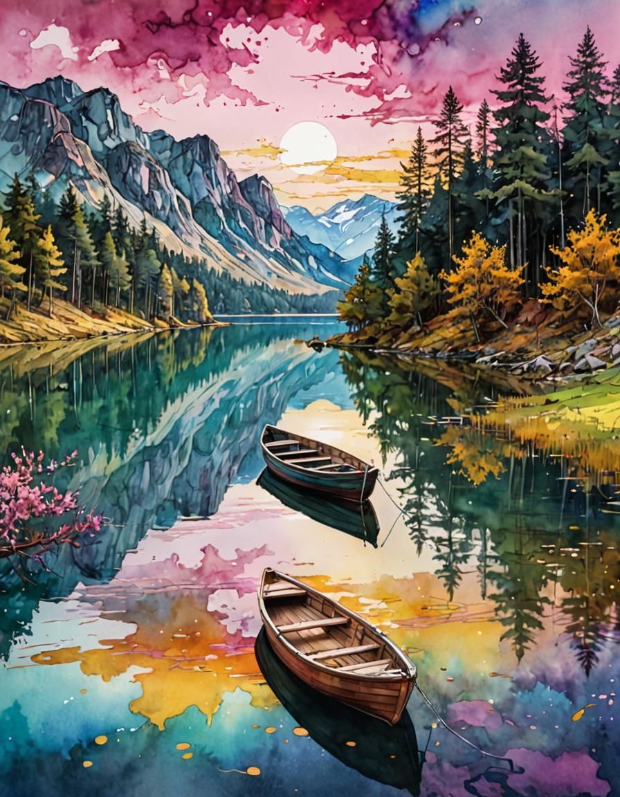 Lakeside Landscape in Vaporwave Metallic Ink Style