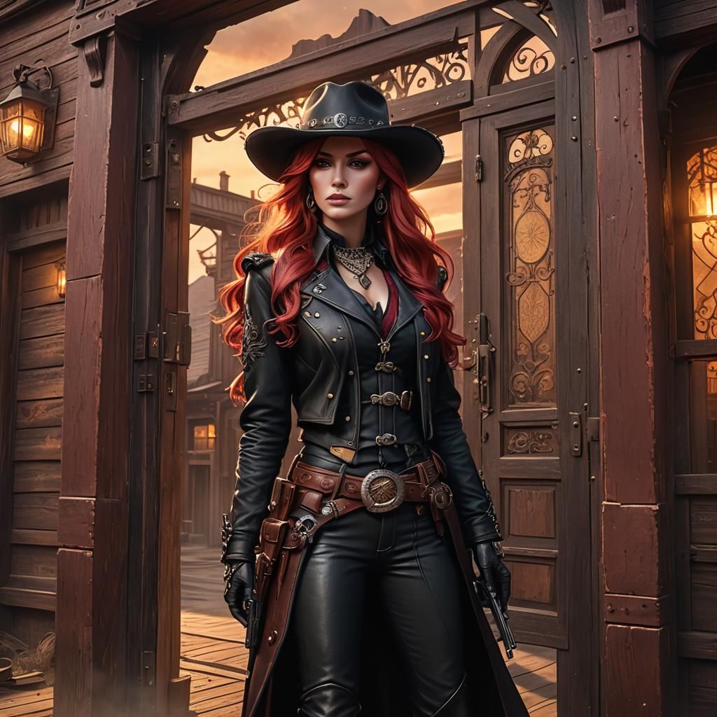 Western Gothic Female Sheriff Opening Saloon Doors