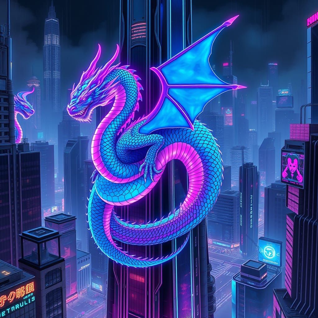 Cyberpunk Dragon Wraps Around Neon Skyscraper in Hyperrealis...