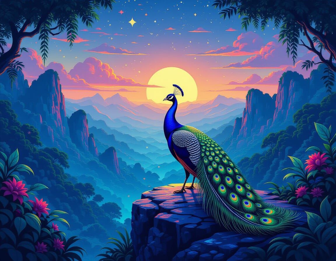 Majestic Peacock with Fractal Feathers in Bioluminescent Jun...