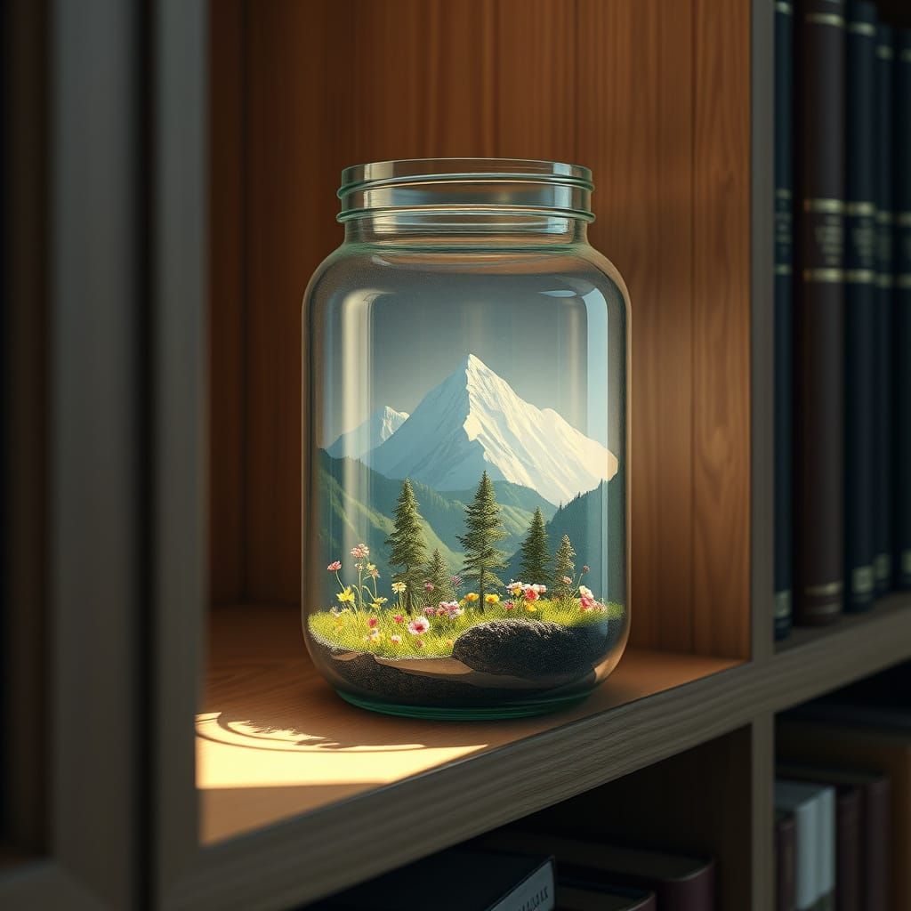 Hyperrealistic Mountain Landscape Jar in Bookcase