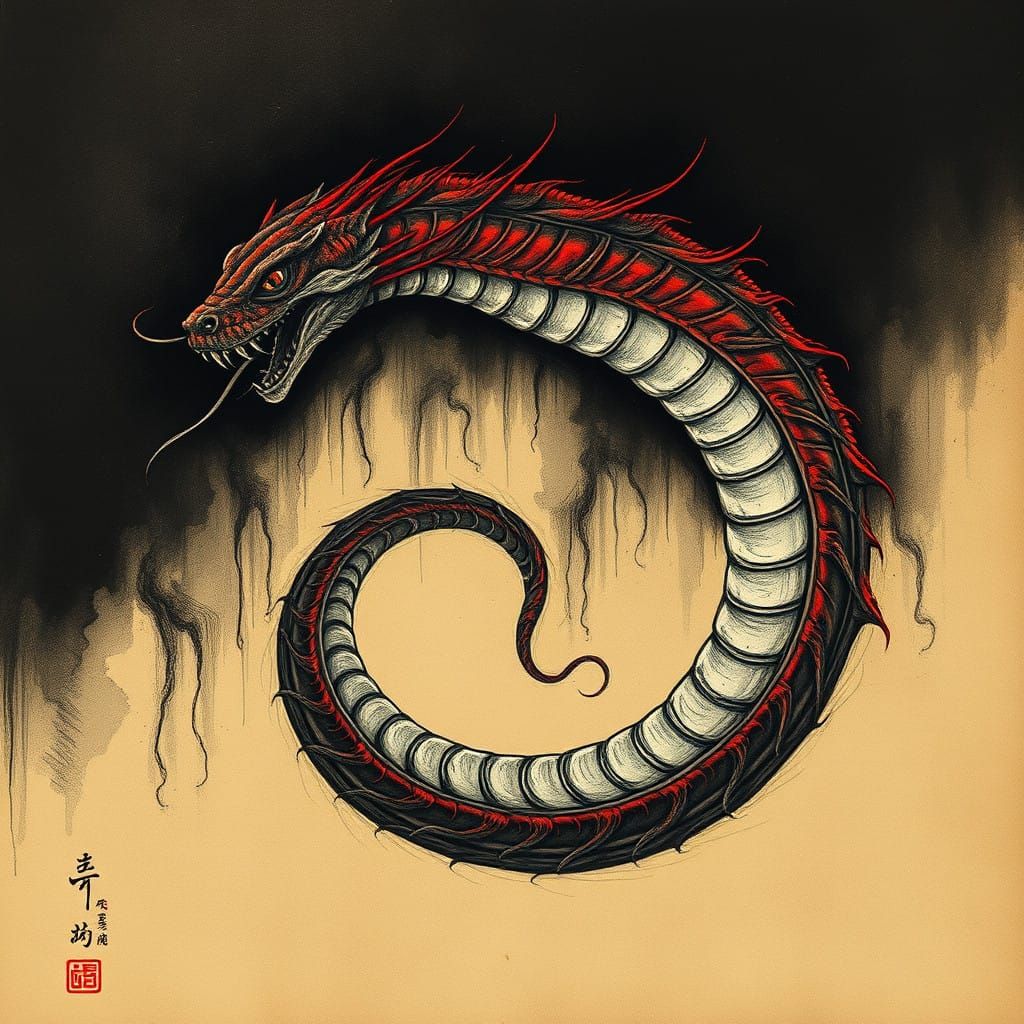 Ethereal Snake in Ancient Chinese-Inspired Ink Drawing Style