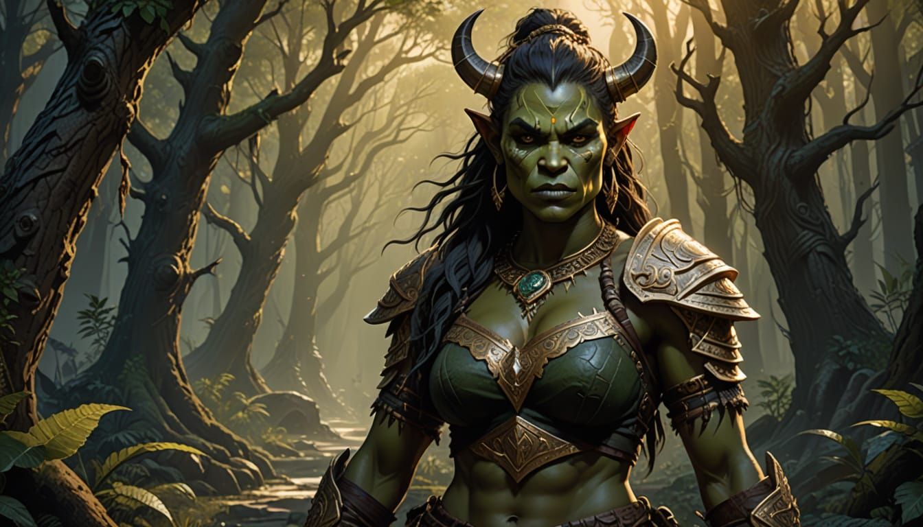 Female Orc Warrior in Mystical Forest: Digital Art
