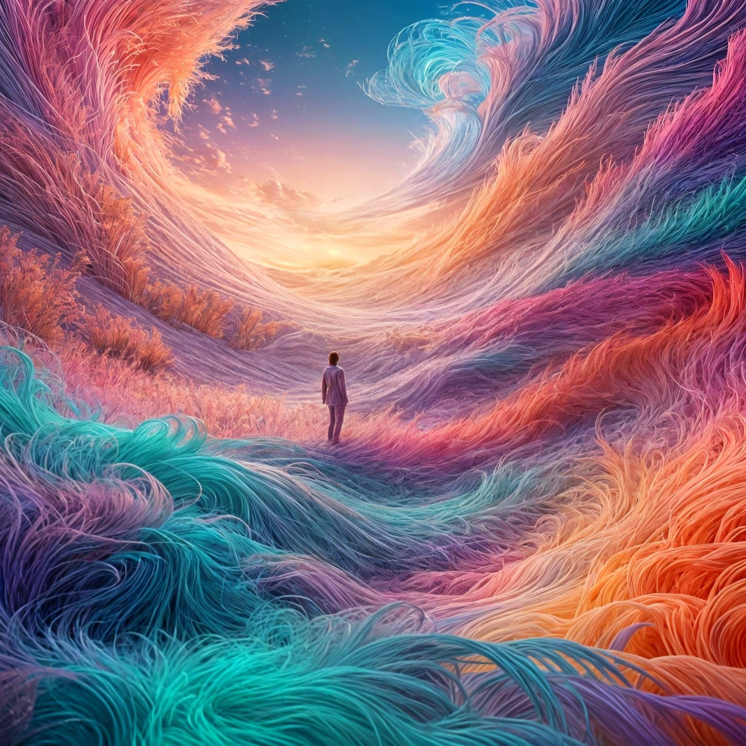 Dreamlike Person Floating in Surreal Landscape