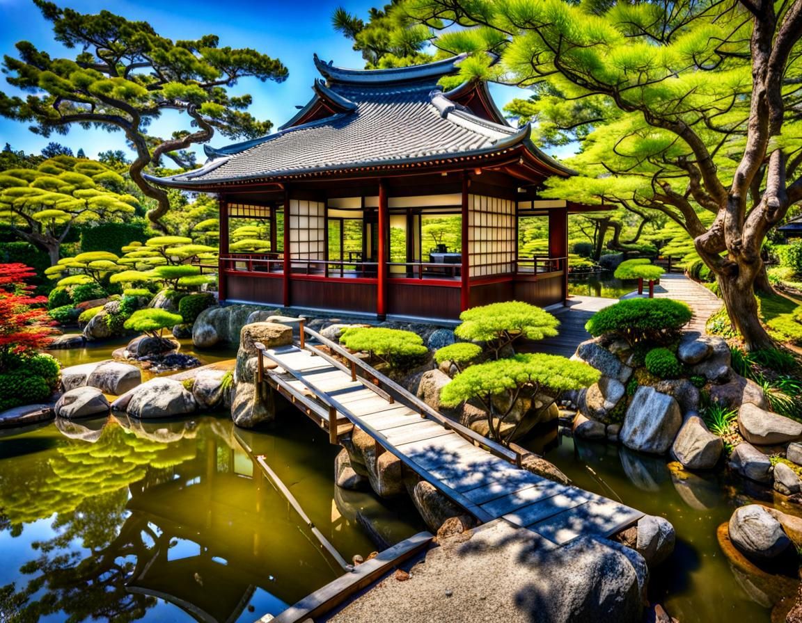 Japanese Tea House in Sunny Garden, HDR Panoramic
