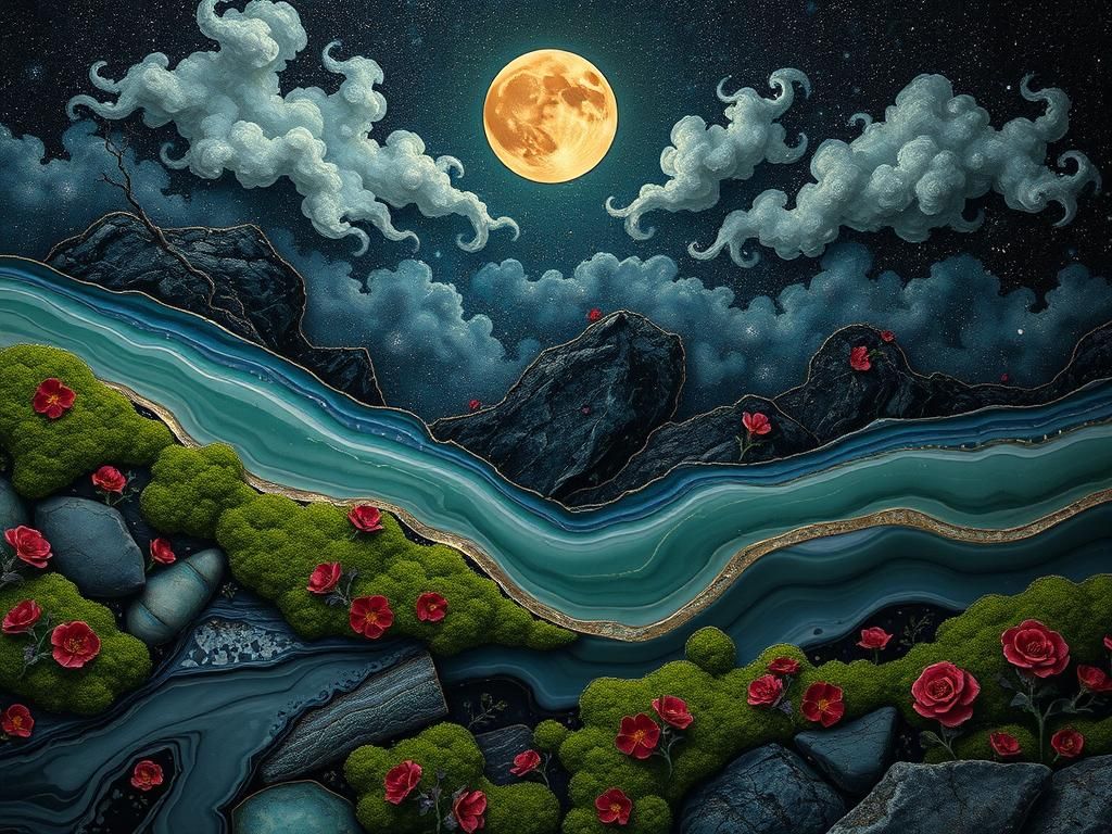 Surreal Gem-Toned Landscape with Velvet Moss