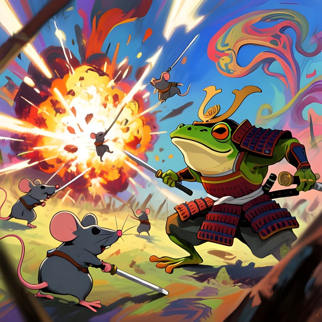 Anime Mice vs Frogs Battle in Soutine Dali Style