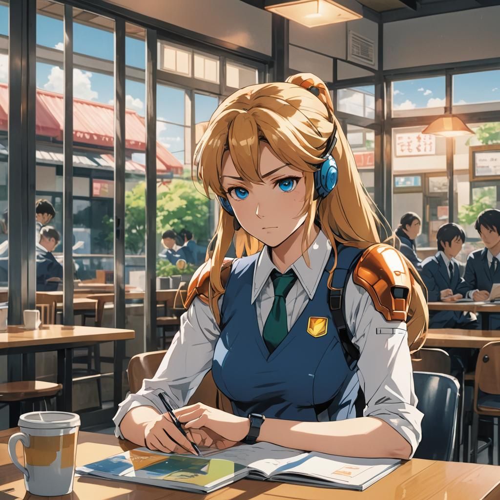 Samus Aran Studying in Cafe in Anime Style