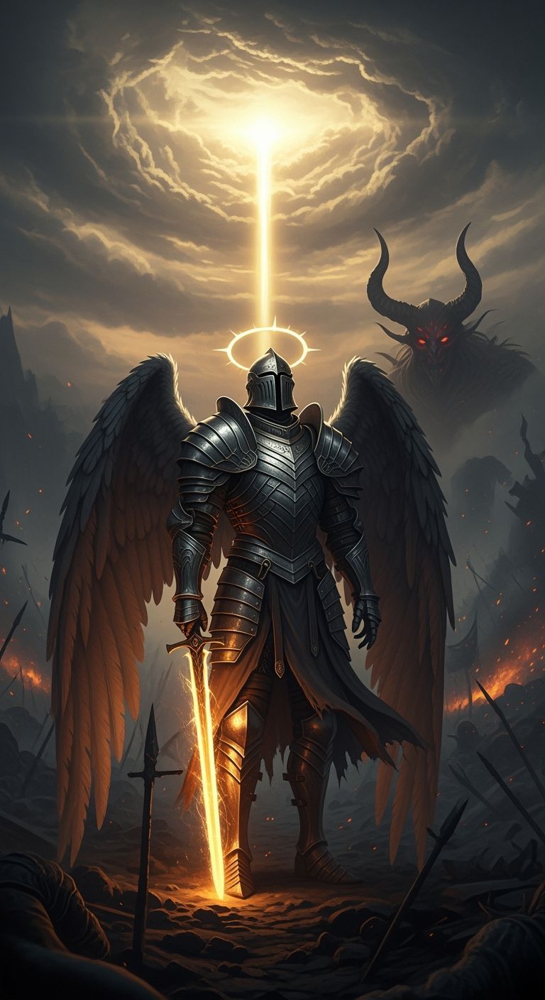 Armored Angel on Battlefield in Dramatic Light