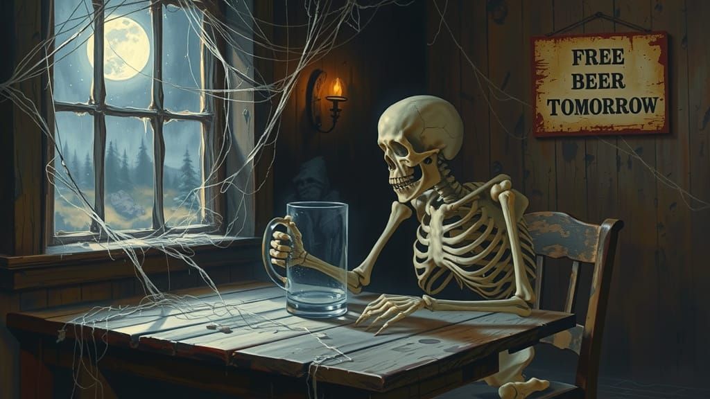 Skeleton Waits for Free Beer in Abandoned Gothic Tavern