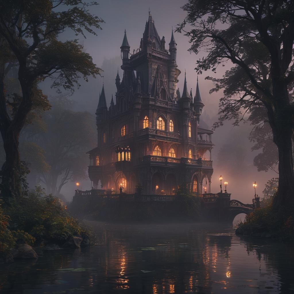 Gothic Palace on Foggy Moonlit River