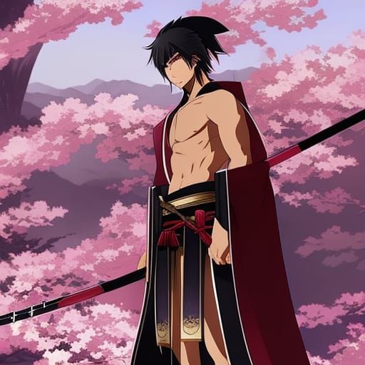 Samurai in Kyoto with Cherry Blossoms: Anime Style