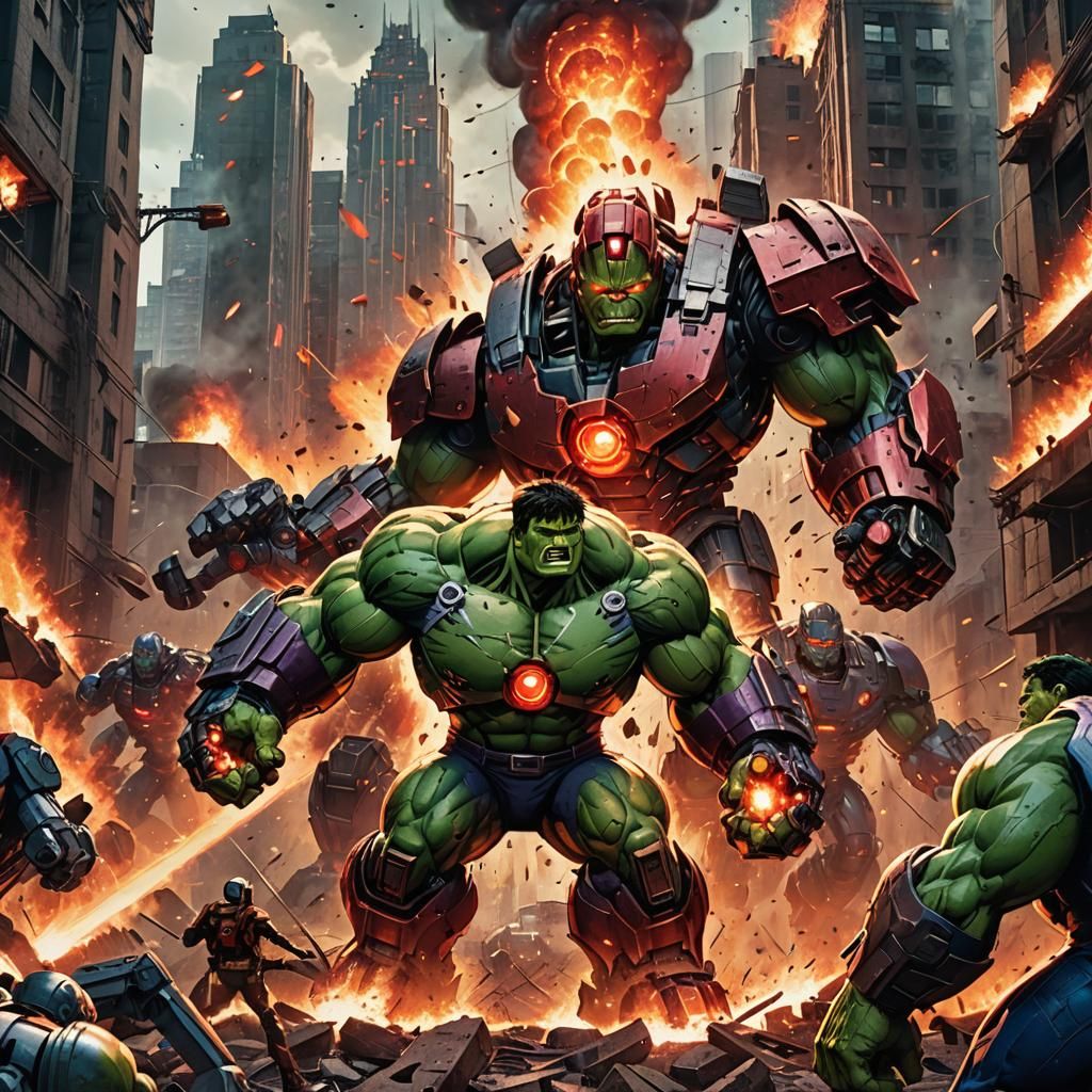 Mecha-Hulk vs Sentinels in Burning City: Comic Book Style