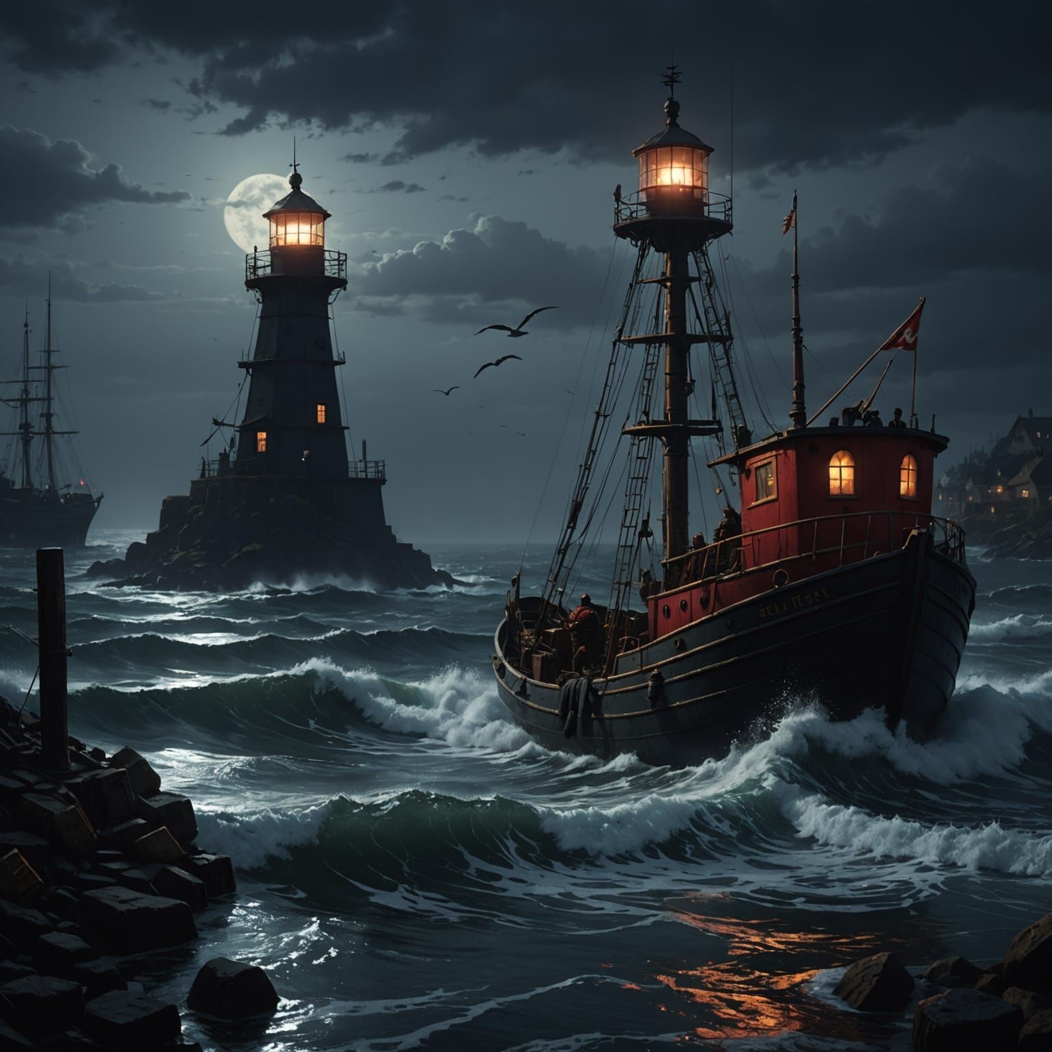 Moody Harbor at Midnight in Dark Fantasy Style
