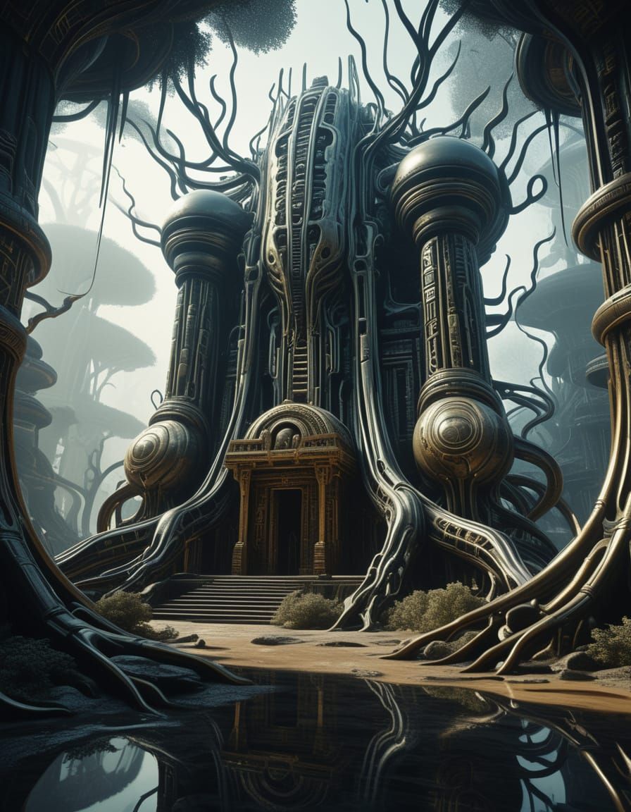 Surreal Alien Temple in a Melting, Dreamlike Landscape