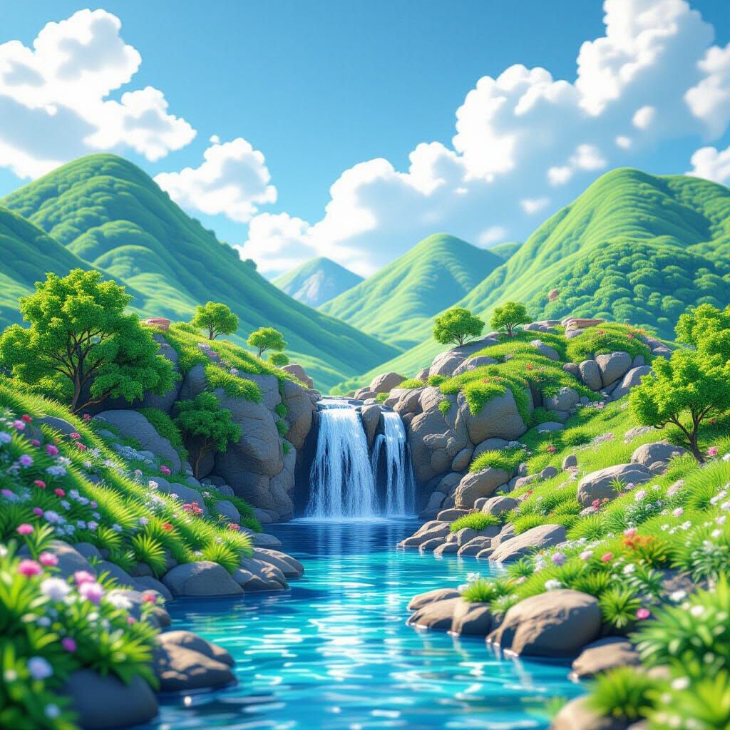 Beaded Waterfall Landscape in 3D Anime Style