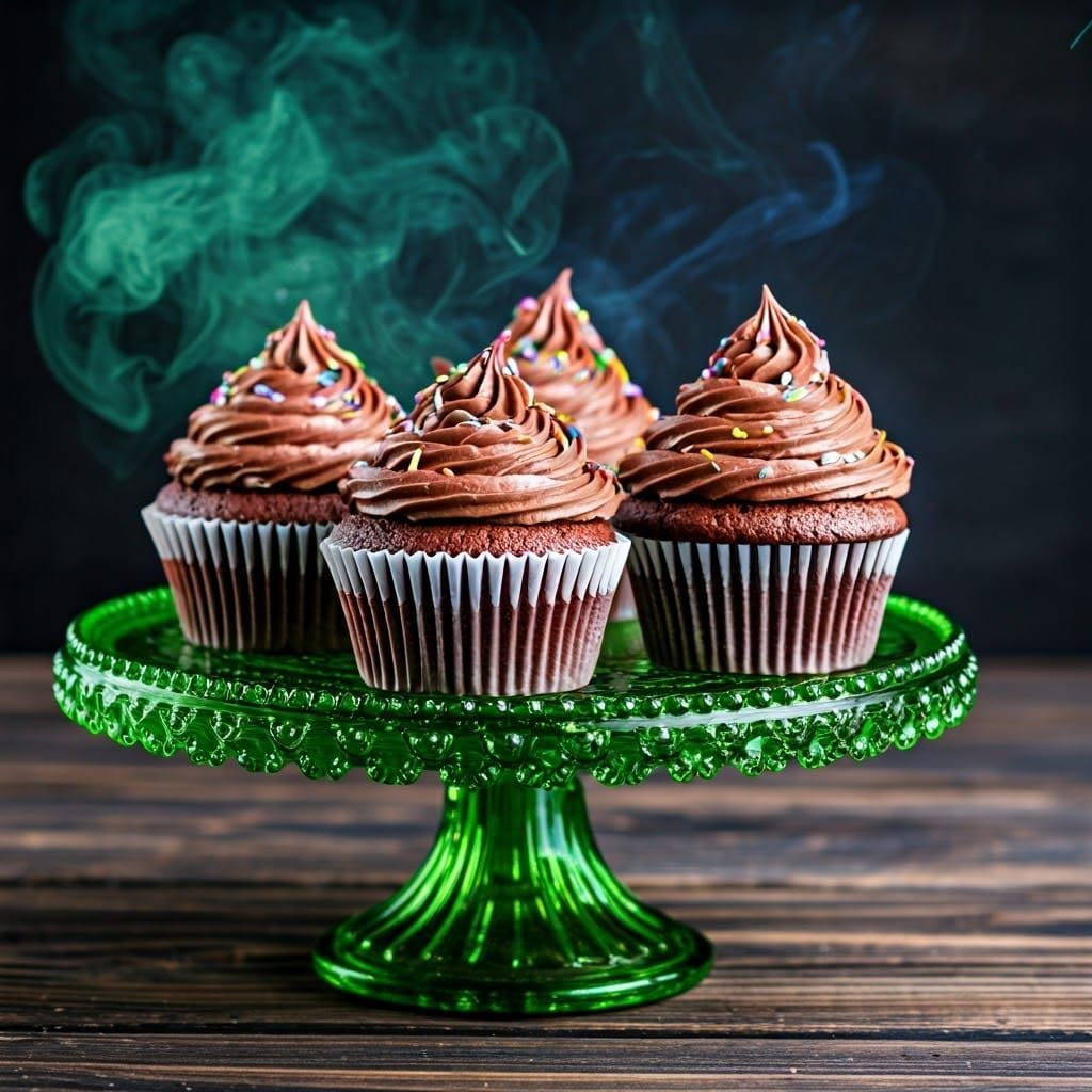 Ornate Chocolate Cupcakes on Green Glass Stand