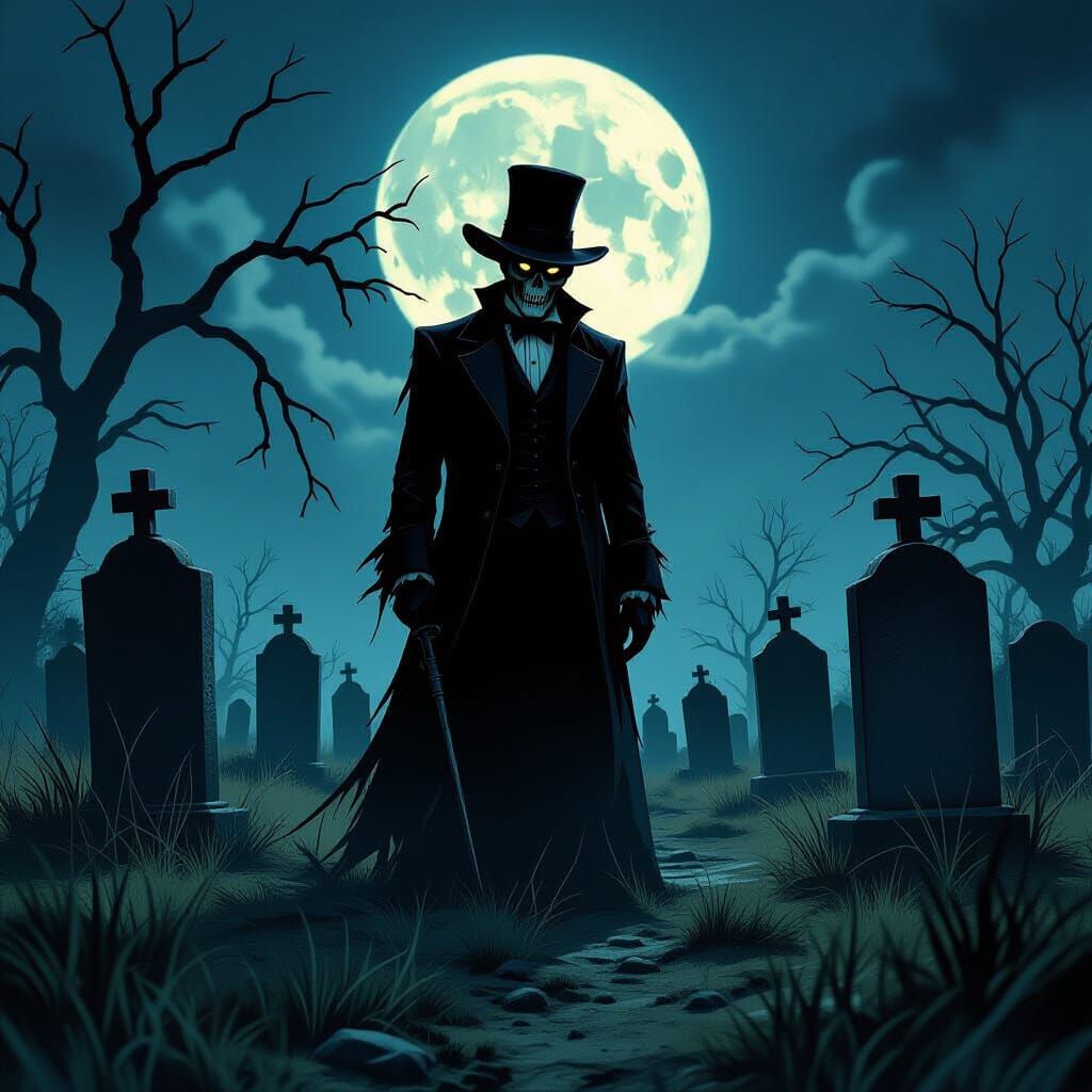 Creepy Undertaker in Old West Cemetery at Midnight