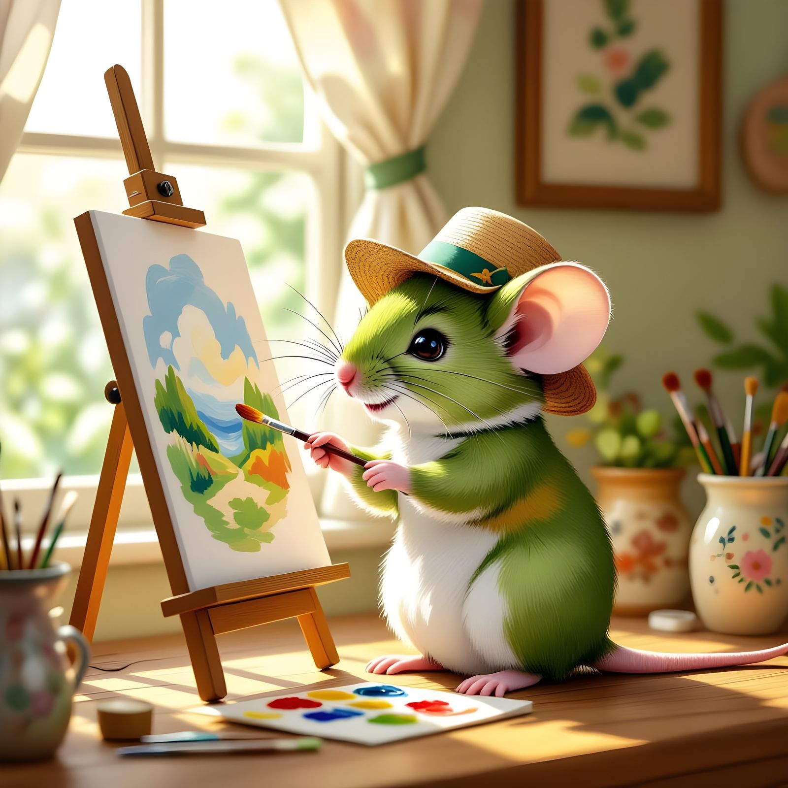 Green Mouse Wearing Hat Painting a Picture